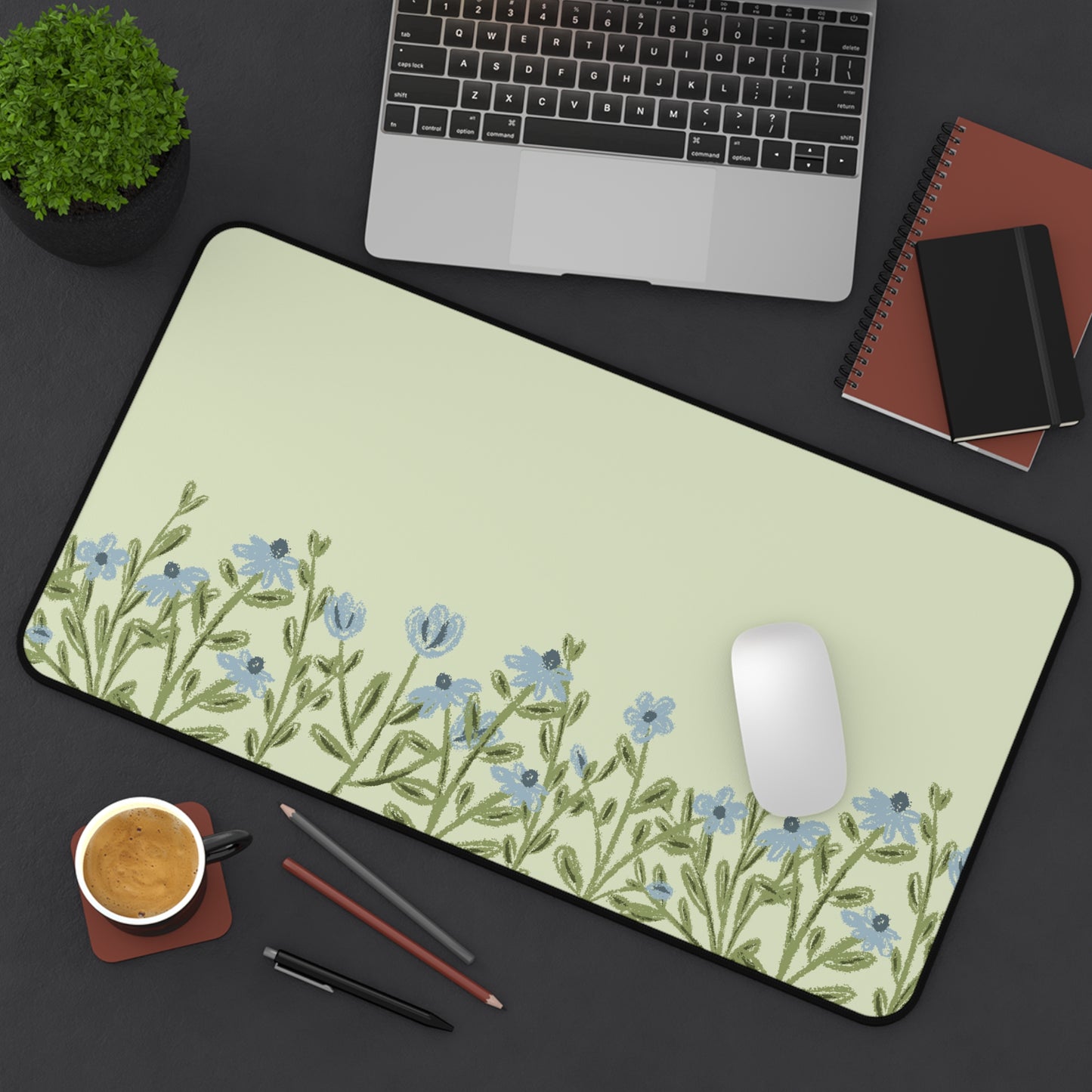 Blue Flower Desk Mat: Forget-Me-Not Meadow on Sage Green