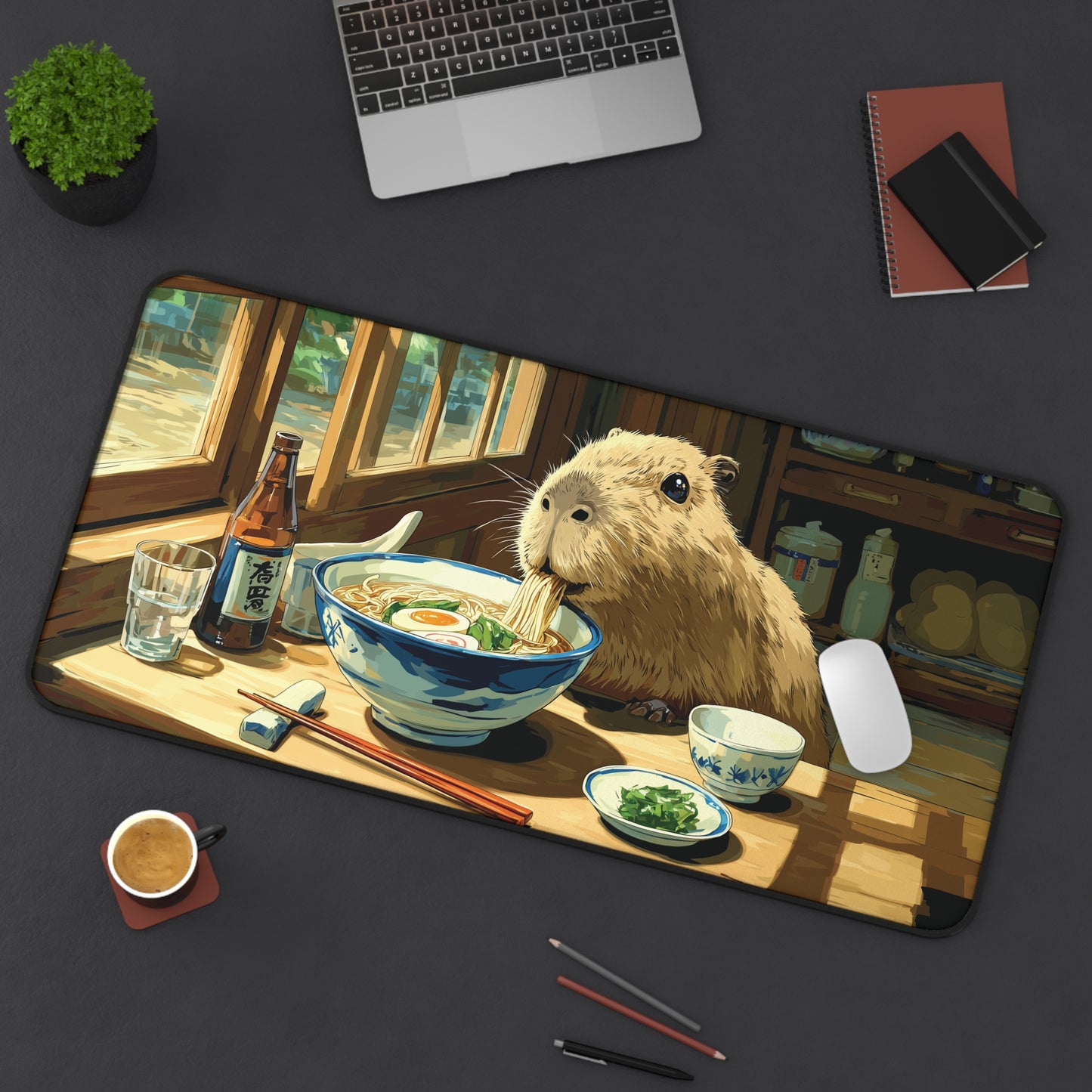 Capybara Ramen Desk Mat, Funny Anime Animal Mouse Pad