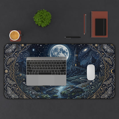 Mystical Wolf Moon Desk Mat: Celestial Nature Illustration