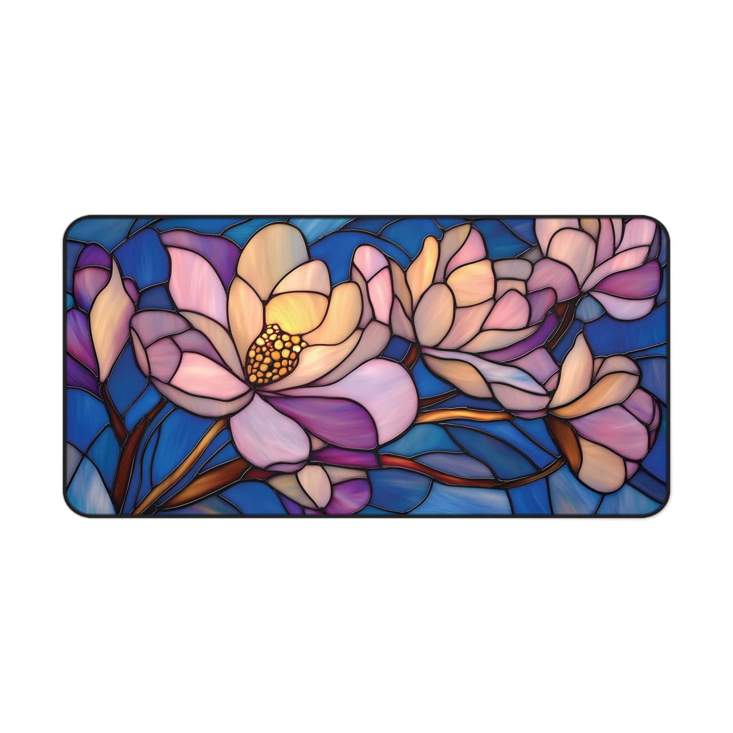 Stained Glass Style Magnolia Desk Mat: Pink & Blue Floral MousePad