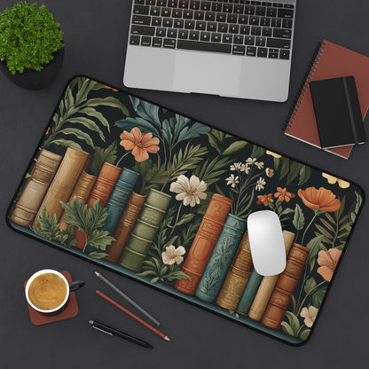 Vintage Library Desk Mat: Books & Wildflowers Botanical Print
