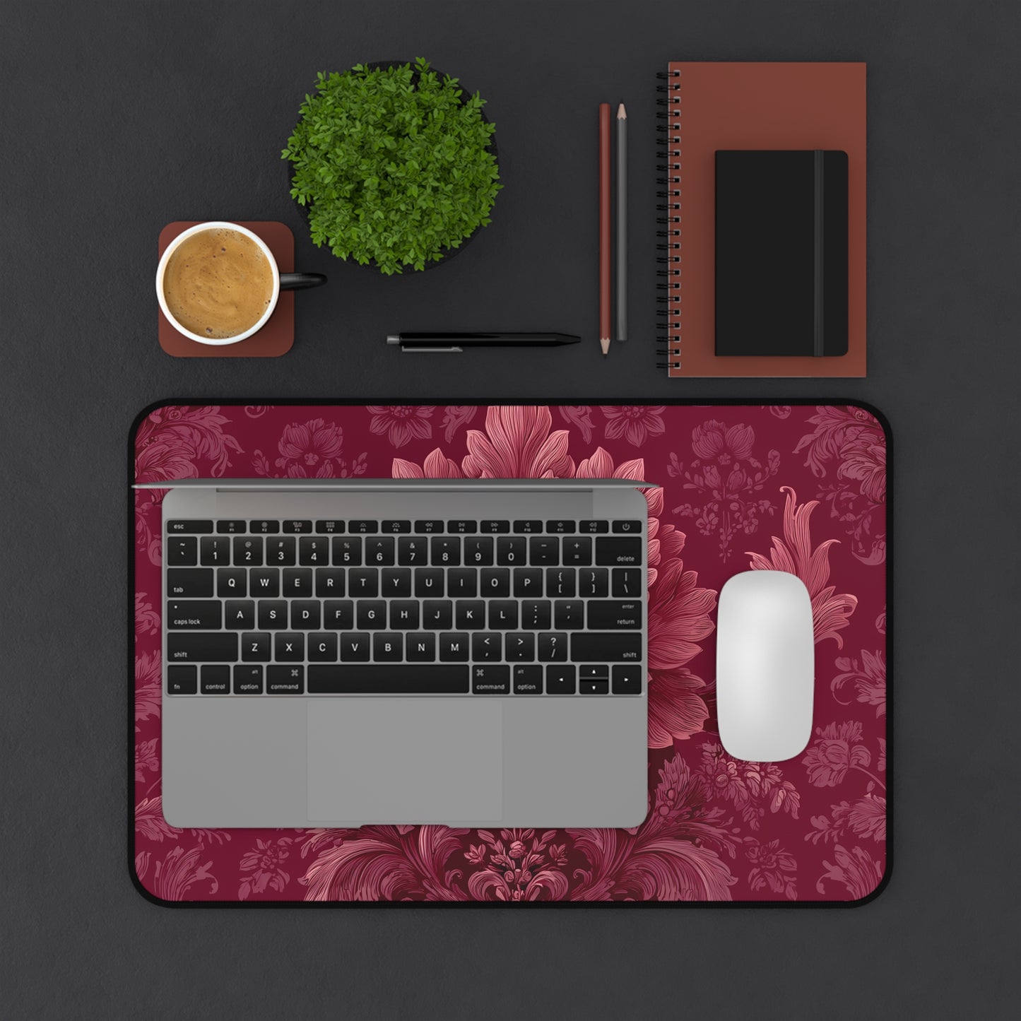 Burgundy Peony Desk Mat: Baroque Damask Floral Design