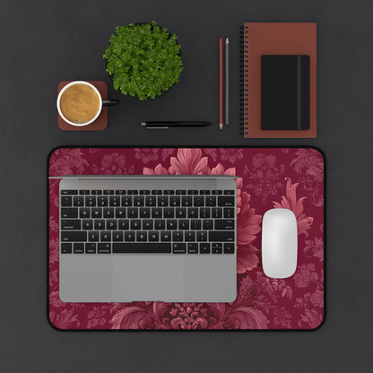 Burgundy Peony Desk Mat: Baroque Damask Floral Design
