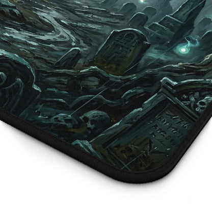 Desk mat corner with black stitched edge and dark teal cemetery graphic print