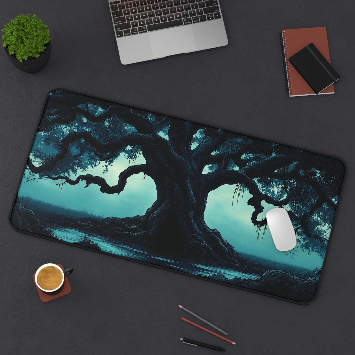 Eerie Moonlit Tree Desk Mat: Gothic Fantasy Desk Pad