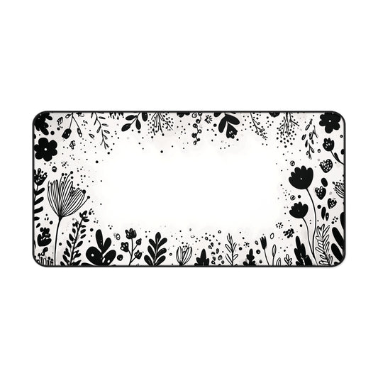 White Desk Mat: Minimalist Black Flowers Desk Pad