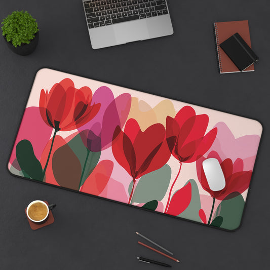 Abstract Floral Desk Mat, Tulips Mouse Pad, Red & Pink Flower Desk Pad XL, Colorful Keyboard Mat, Modern Office Decor, Gift for Her
