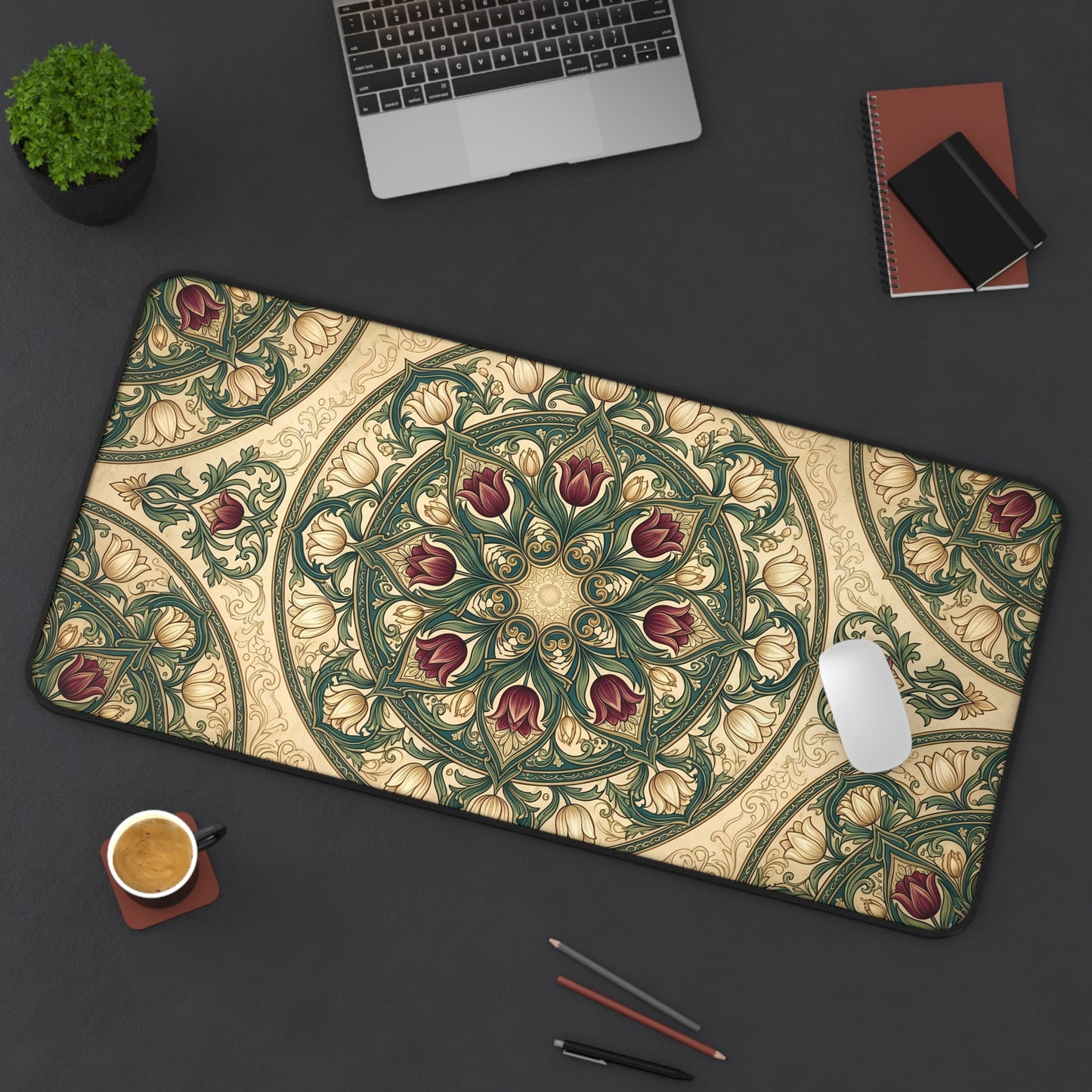 Art Nouveau Tulip Desk Mat: Vintage Tapestry Mandala Mouse Pad