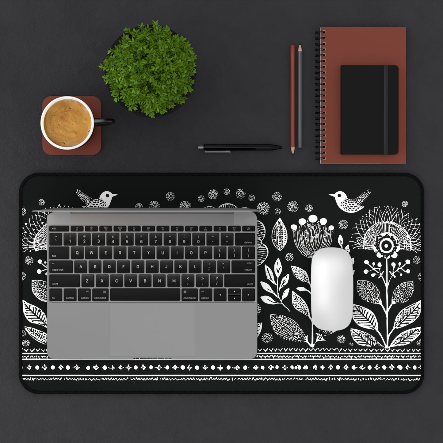 Folk Art Floral Desk Mat: Scandinavian Black & White Mouse Pad XL