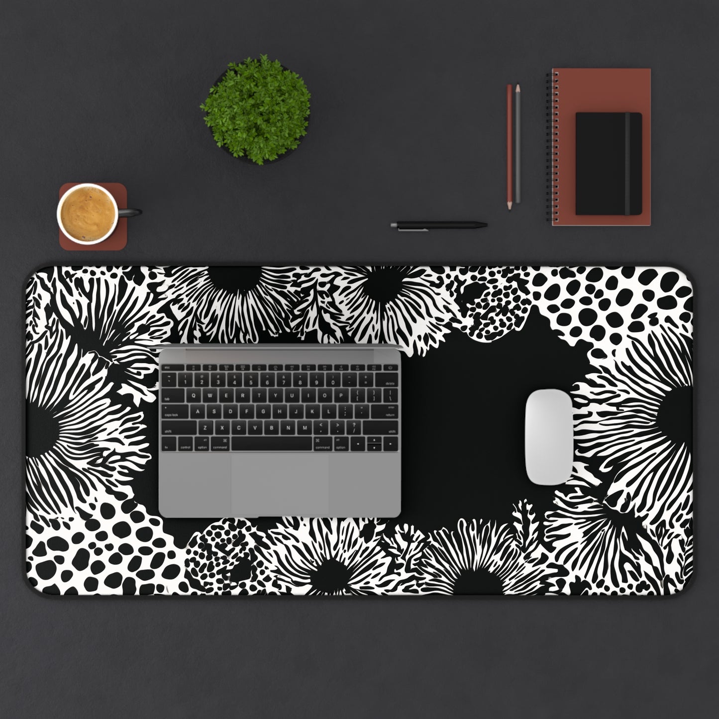Abstract Flower Desk Mat: Modern Black & White Design