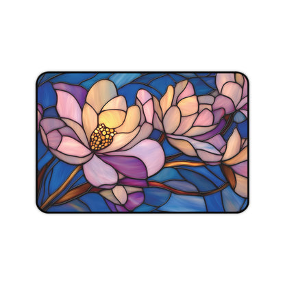 Stained Glass Style Magnolia Desk Mat: Pink & Blue Floral MousePad