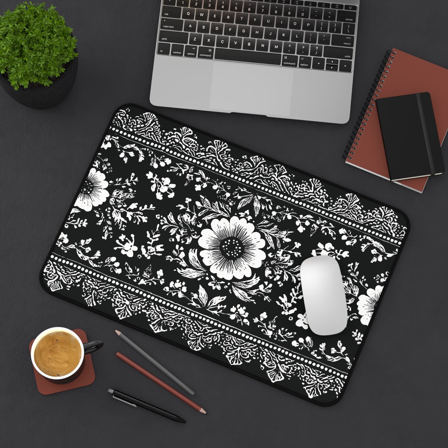 Black Damask Floral Desk Mat: Vintage Mouse Pad XL