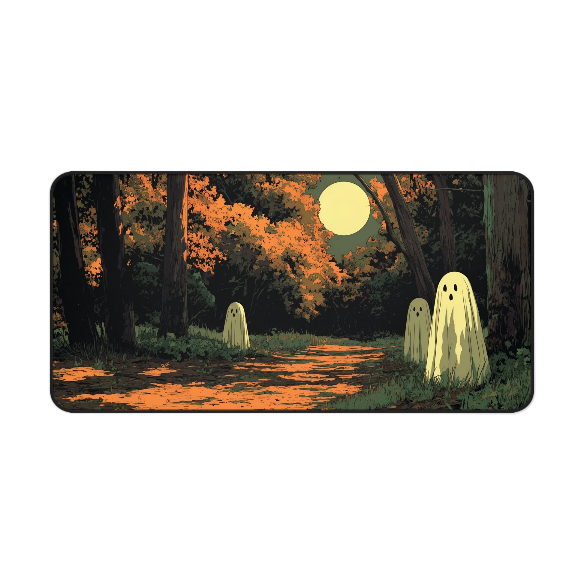 Rectangular desk mat with Halloween forest scene, orange path, green ghosts, glowing moon