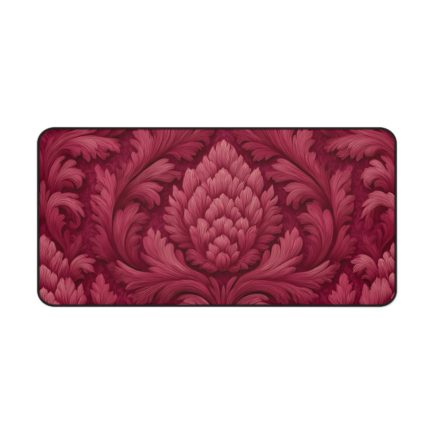 Ruby Red Desk Mat: Velvet-Look Damask Acanthus Design