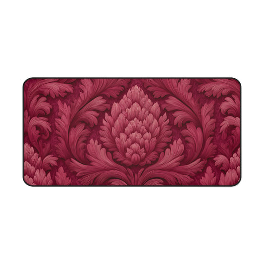 Ruby Red Desk Mat: Velvet-Look Damask Acanthus Design