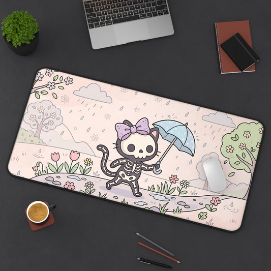 Skeleton cat desk mat with umbrella and flowers, visible rounded corners and black trim edge