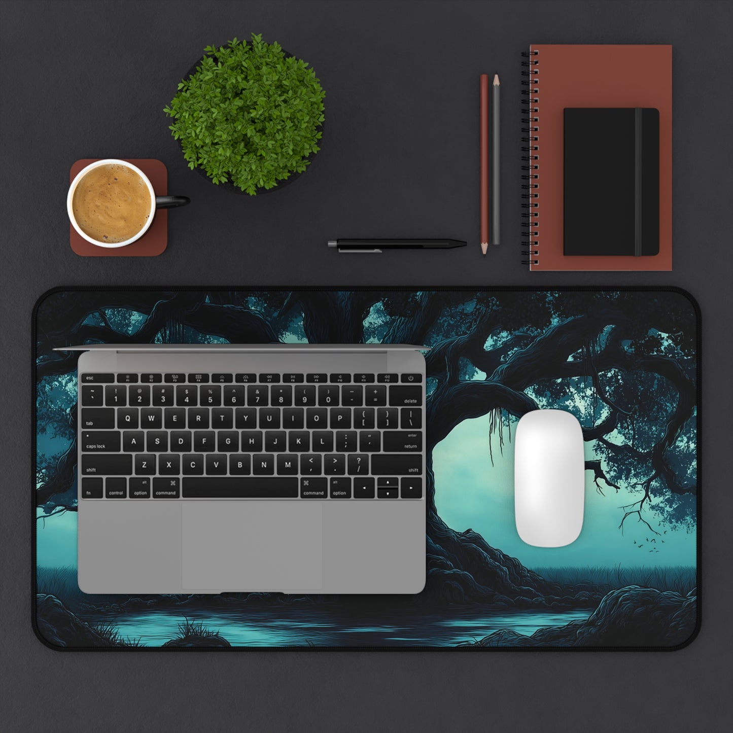 Eerie Moonlit Tree Desk Mat: Gothic Fantasy Desk Pad
