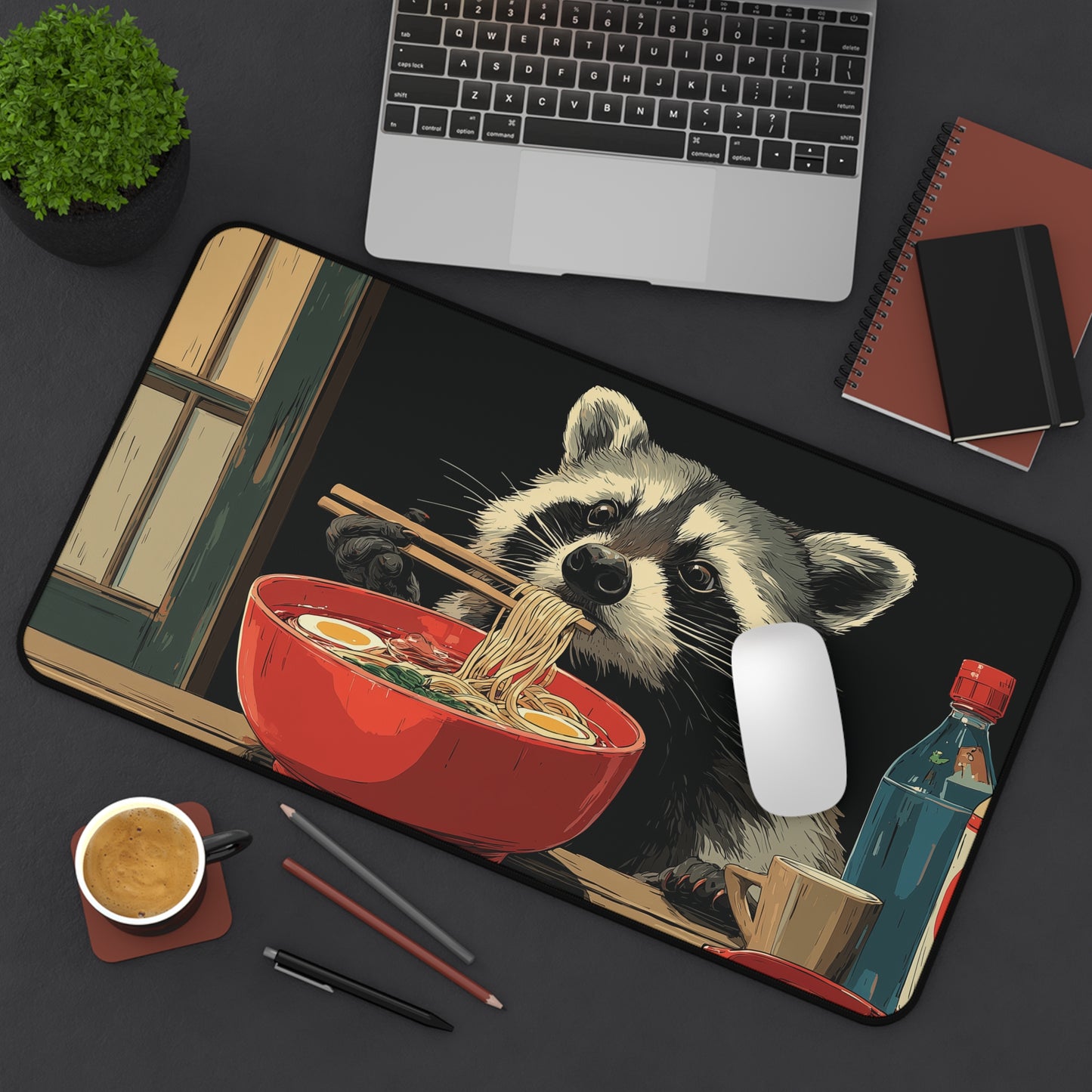 Raccoon Ramen Desk Mat, Cute Anime Noodle Mouse Pad