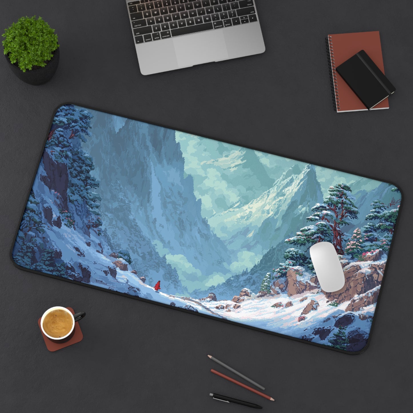 Pixel Art Desk Mat: Snowy Mountain Mouse Pad XXL