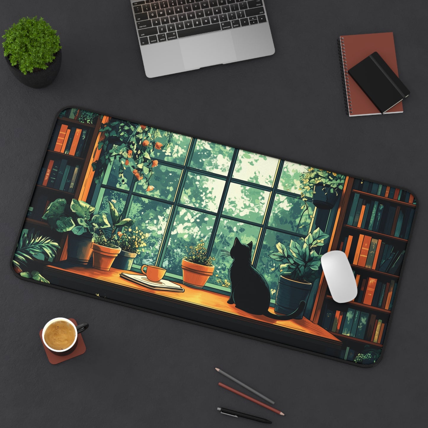 Books Plants and Cat Desk Mat, Cozy Large MousePad for Gaming or Office Decor