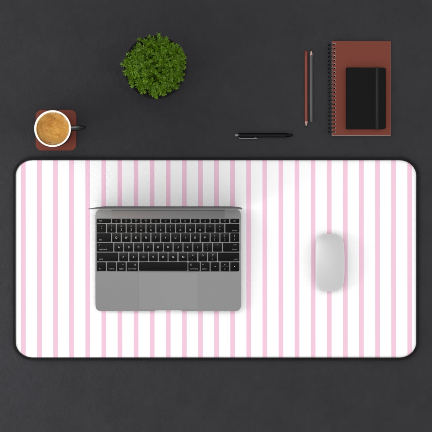 White and Pastel Pink Striped Desk Mat for Cute Office Decor