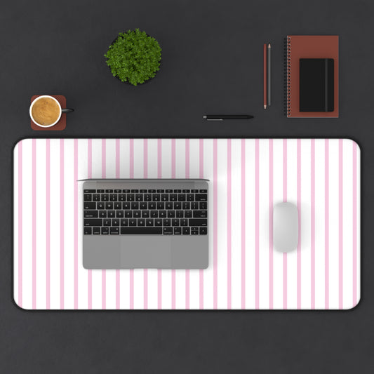White and Pastel Pink Striped Desk Mat for Cute Office Decor