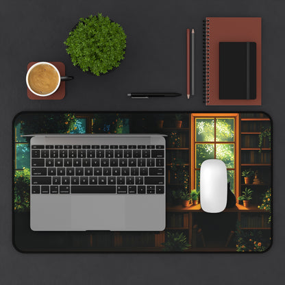 Cat Library Desk Mat, Cat and Plants Desk Pad, Dark Academia Keyboard Mat