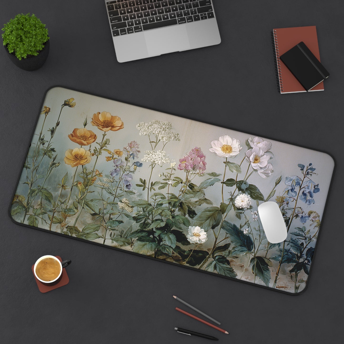 Vintage Botanical Desk Mat: Wildflower Painting Design