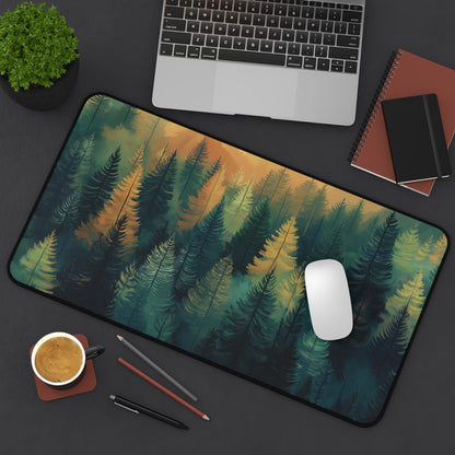 Forest Skyline Desk Mat: Green & Gold Woodland Mouse Pad
