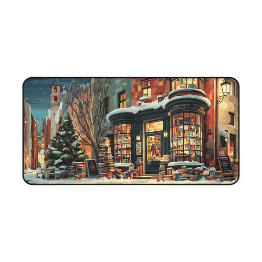 Winter Bookstore Desk Mat, Serene Christmas Desk Pad
