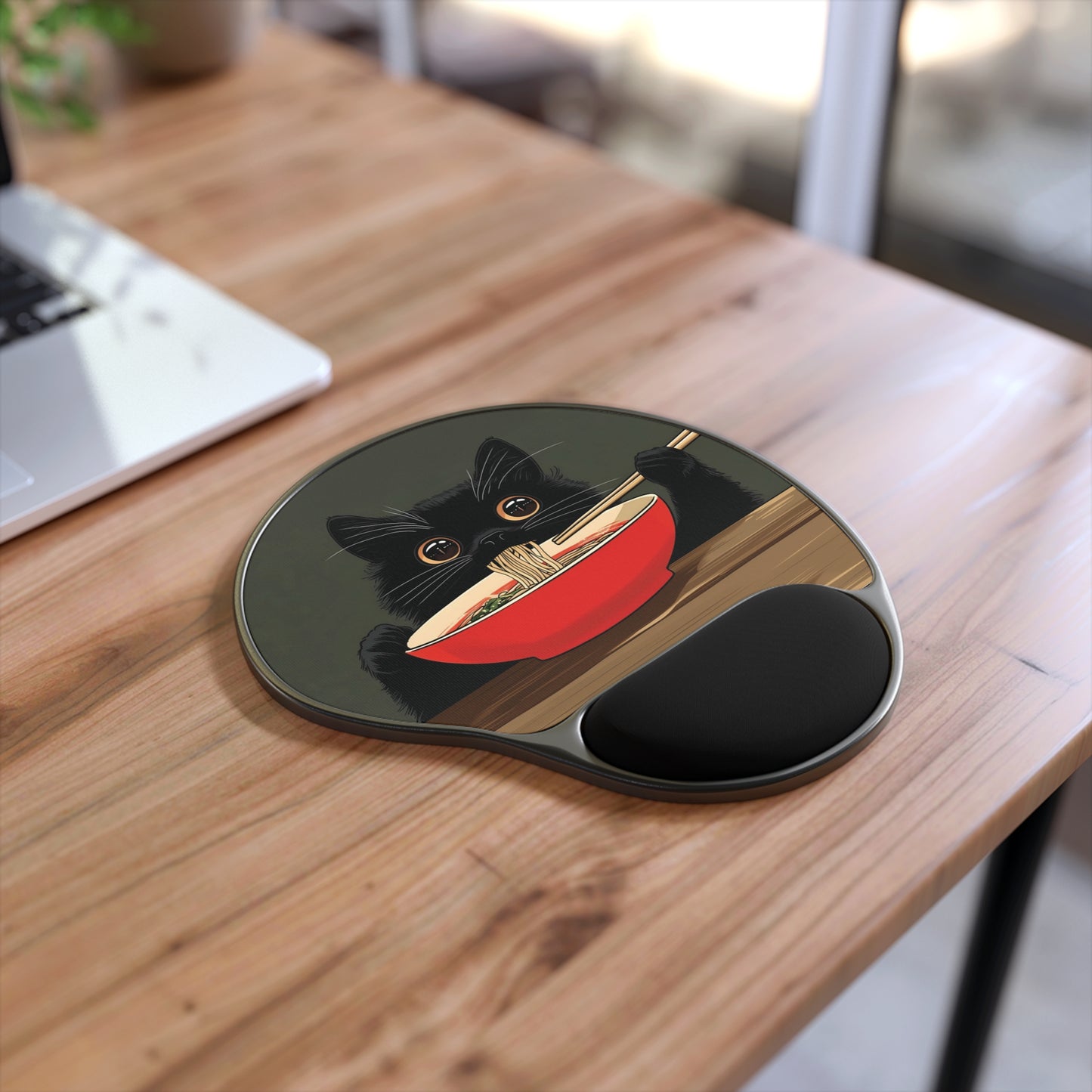 Ergonomic Black Cat Eating Ramen Mouse Pad with Wrist Rest
