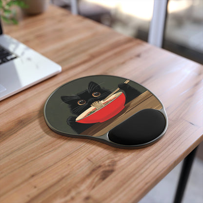Ergonomic Black Cat Eating Ramen Mouse Pad with Wrist Rest