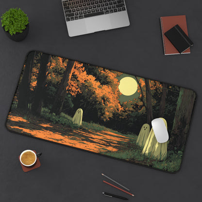 Rectangular desk mat with rounded edges, autumn forest ghosts and glowing moon illustration