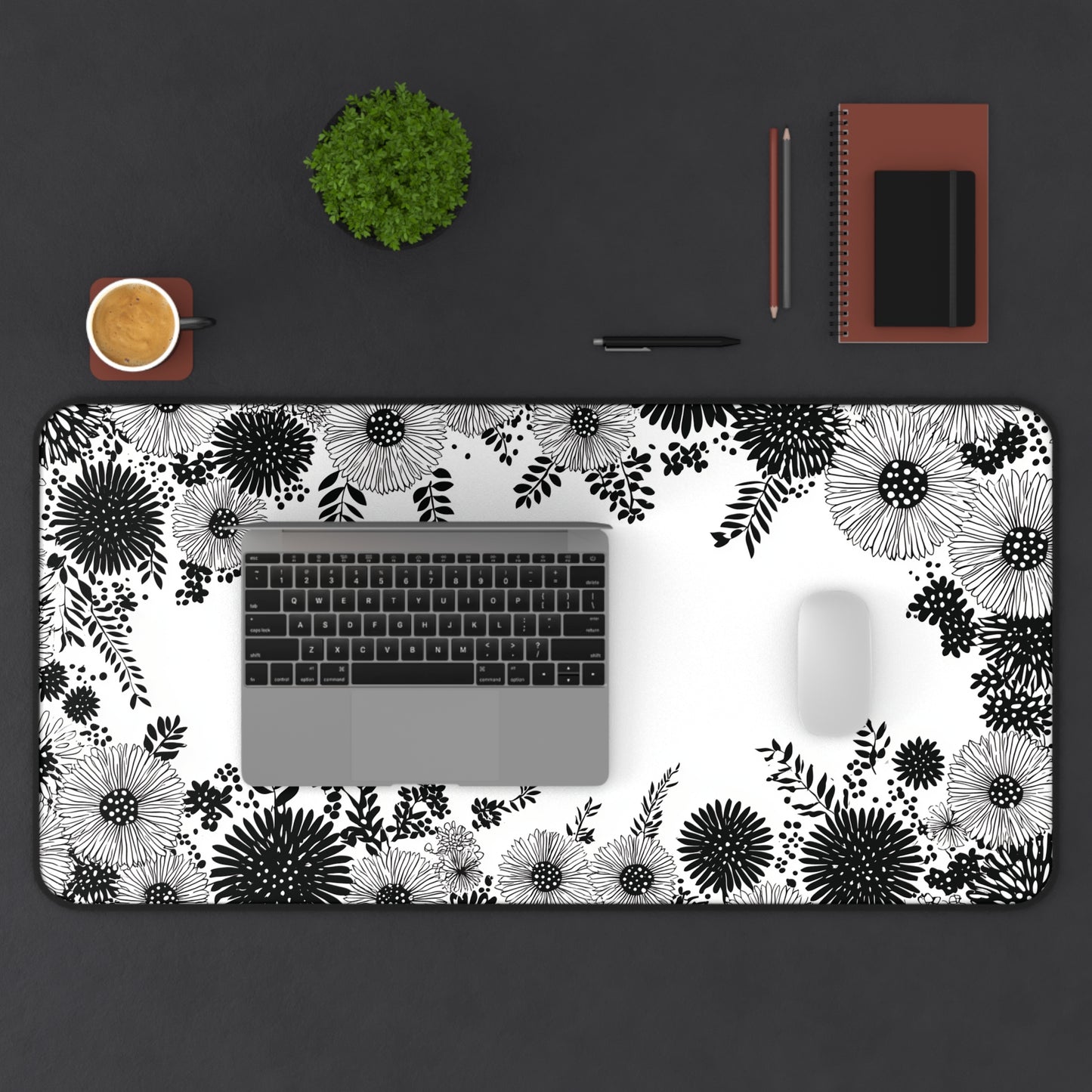 White Floral Desk Mat: Black Ink Flower Border Design