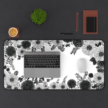 White Floral Desk Mat: Black Ink Flower Border Design