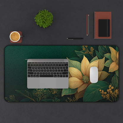 Floral Christmas Desk Mat, Green & Gold Festive Desk Pad