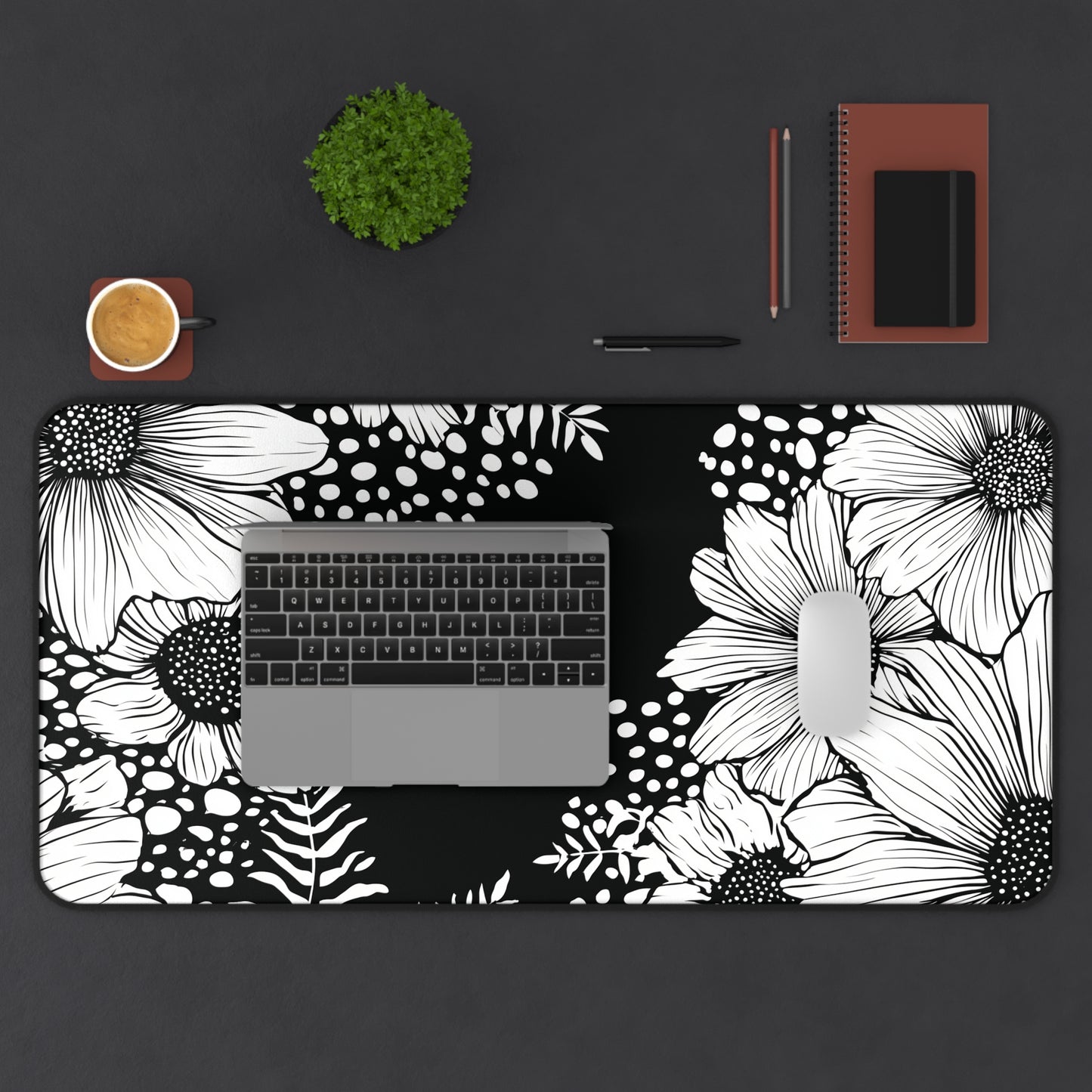 White Daisy Desk Mat: Bold Black & White Floral Mouse Pad