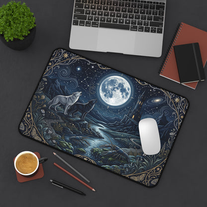 Mystical Wolf Moon Desk Mat: Celestial Nature Illustration