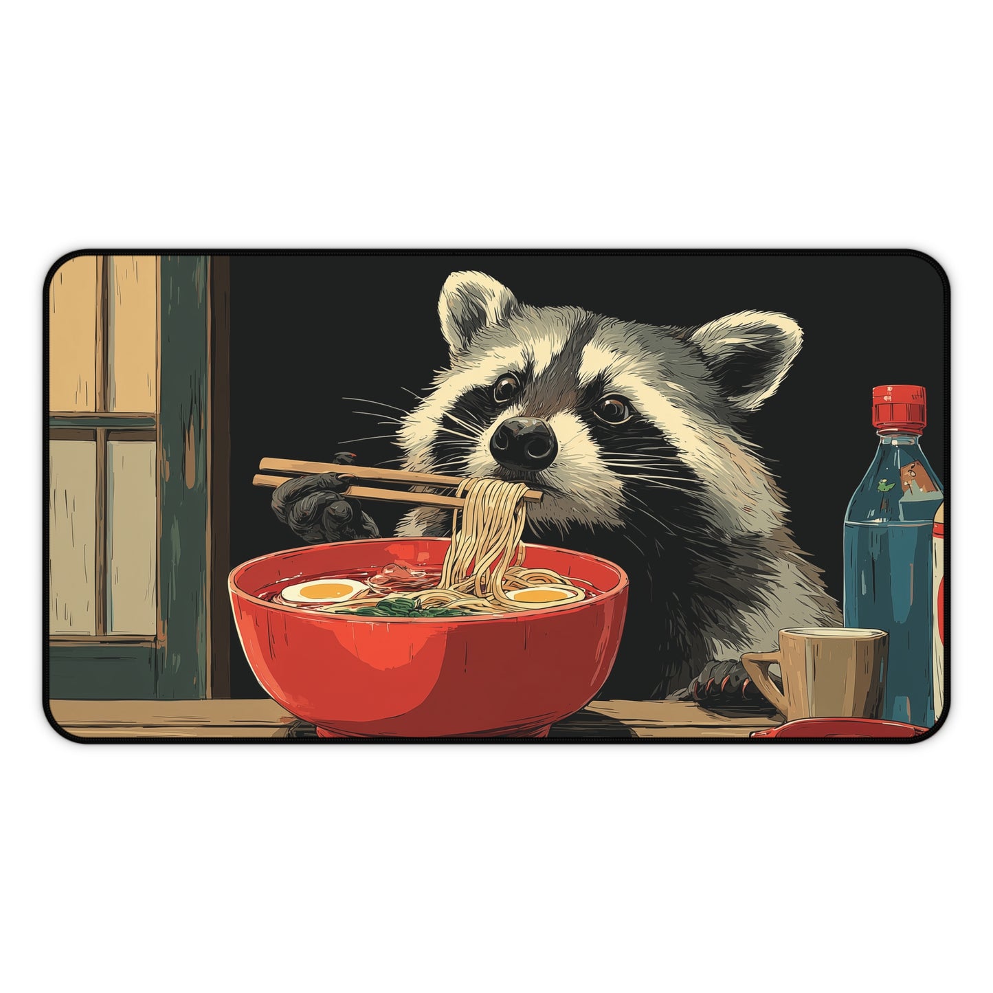 Raccoon Ramen Desk Mat, Cute Anime Noodle Mouse Pad