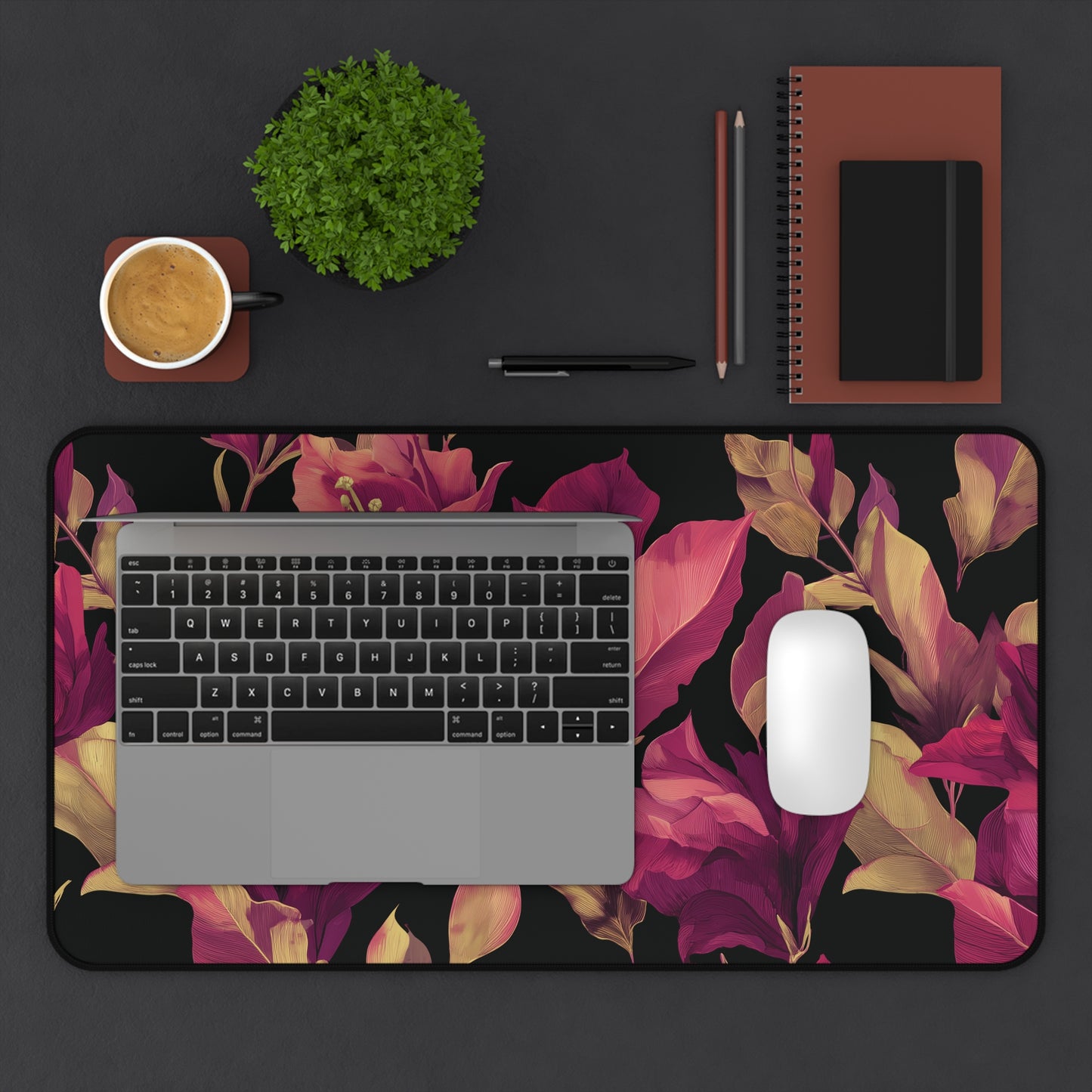 Magenta Lily Desk Mat: Burgundy & Gold Botanical on Black