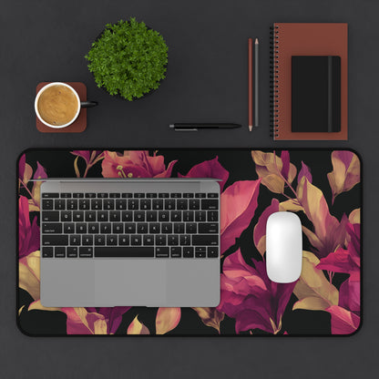 Magenta Lily Desk Mat: Burgundy & Gold Botanical on Black