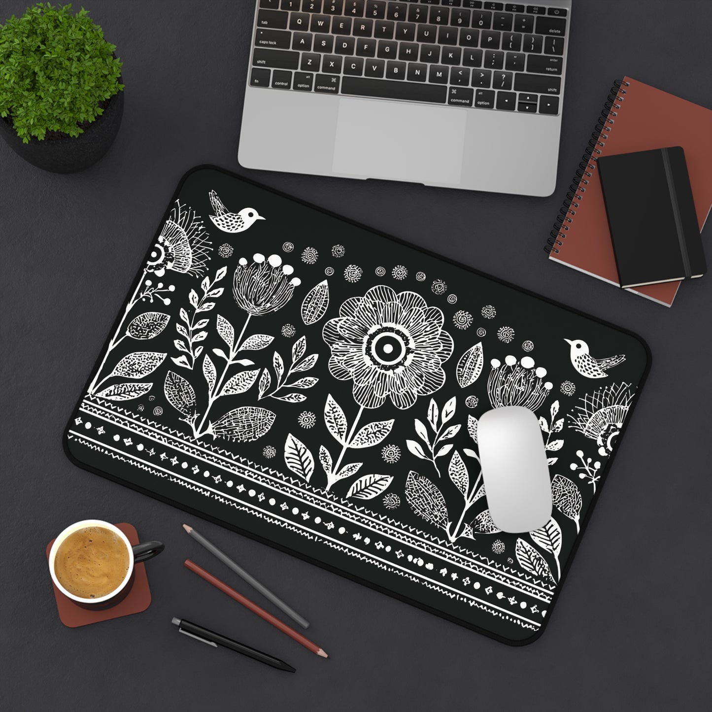 Folk Art Floral Desk Mat: Scandinavian Black & White Mouse Pad XL