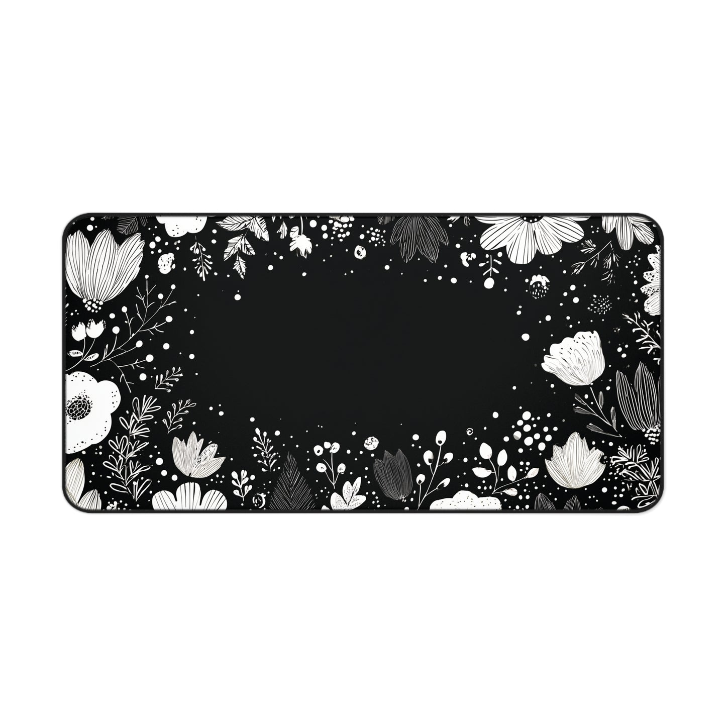 Night Garden Desk Mat: Whimsical White Flowers on Black