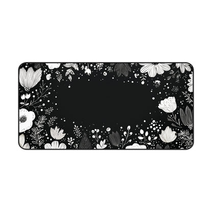 Night Garden Desk Mat: Whimsical White Flowers on Black