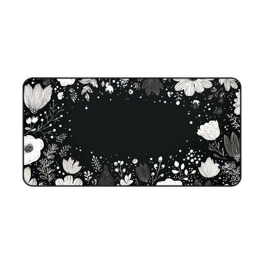 Night Garden Desk Mat: Whimsical White Flowers on Black