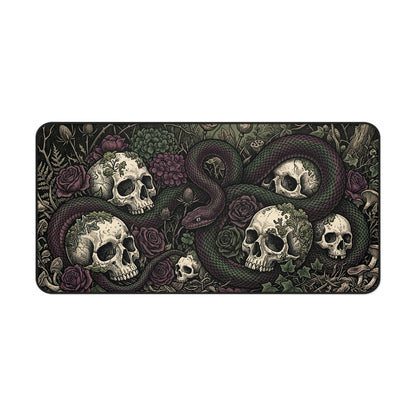 Dark gothic desk mat with skulls, snake, and roses botanical pattern, rounded corners