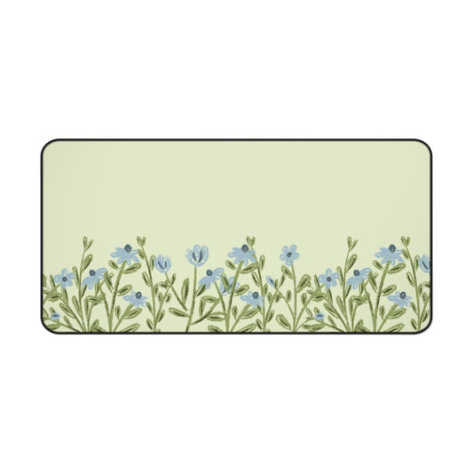 Blue Flower Desk Mat: Forget-Me-Not Meadow on Sage Green