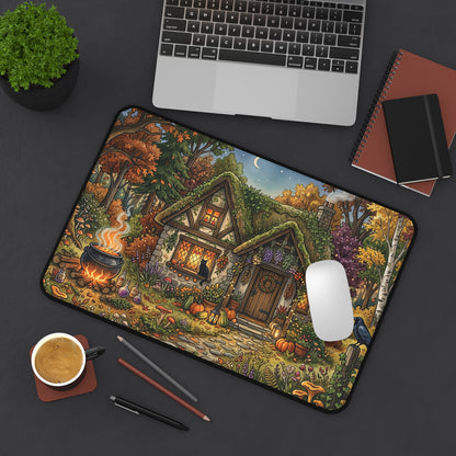 Desk mat with witch cottage illustration, birds and lantern light, orange leaves