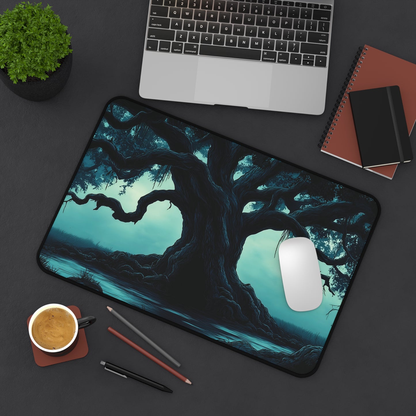 Eerie Moonlit Tree Desk Mat: Gothic Fantasy Desk Pad