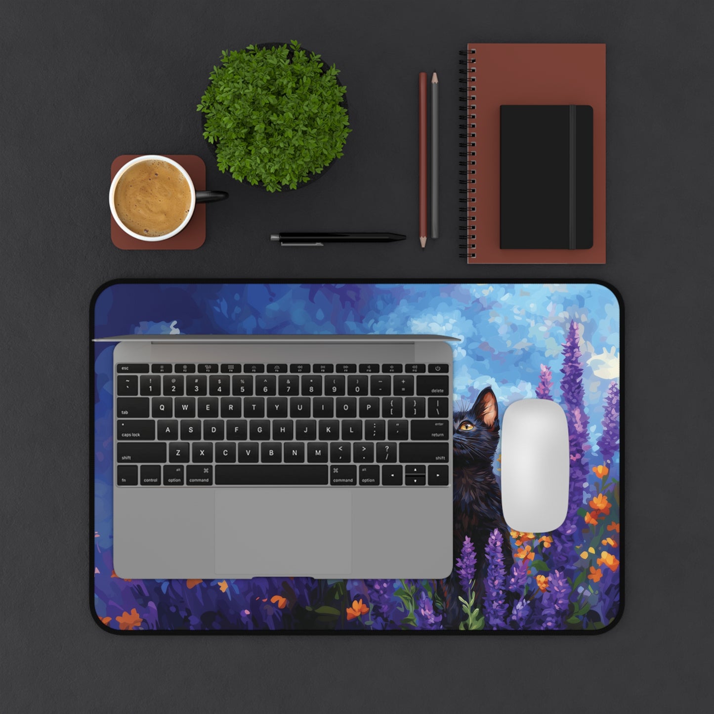 Cat Lavander Desk Mat, Flowers Aesthetic Mouse Pad, Keyboard Mat for Cat Lovers
